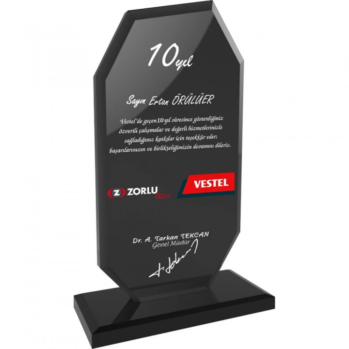 12x19 cm Füme Kristal Cam 10 Yıl Hizmet ve Çalışan Sadakat Plaketi